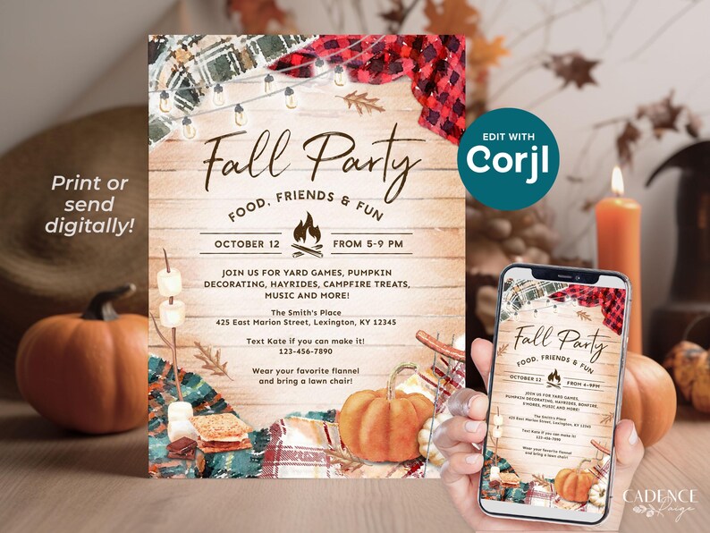 Fall Harvest Party invitation that features a rustic wood background with different colors of cozy flannels draped in each corner, along with twinkling string lights, pumpkins, and s'mores. The invite says "Fall Party" in bold script in the center.