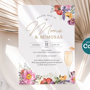 Puede incluir: Una invitaci&oacute;n floral para un evento "Mimosas & Mam&aacute;s". La invitaci&oacute;n presenta una ilustraci&oacute;n de acuarela de flores rosas, amarillas y rojas con una copa de mimosa. El texto dice "Por favor, &uacute;nase a nosotros para Mimosas & Mimosas, S&aacute;bado, 12 de mayo de 2024, 10:00 AM, Casa de Kate, 123 N. High Street, Columbus, Ohio, RSVP a Kate: 614.123.4567, &iexcl;Celebremos el D&iacute;a de la Madre a nuestra manera! Disfrutaremos de buena comida, grandes amigos y brindaremos por todas las mam&aacute;s de nuestras vidas!"