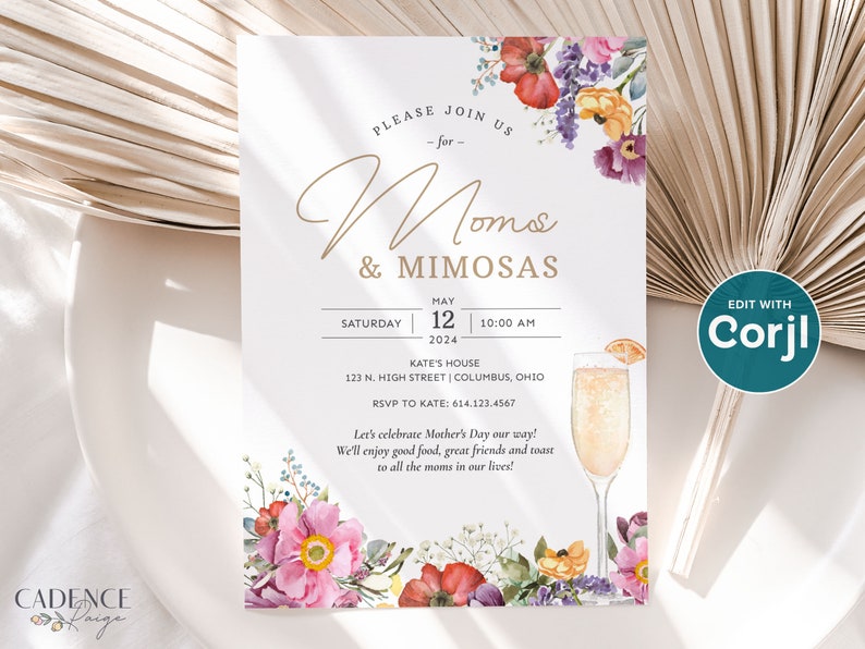 Puede incluir: Una invitaci&oacute;n floral para un evento "Mimosas & Mam&aacute;s". La invitaci&oacute;n presenta una ilustraci&oacute;n de acuarela de flores rosas, amarillas y rojas con una copa de mimosa. El texto dice "Por favor, &uacute;nase a nosotros para Mimosas & Mimosas, S&aacute;bado, 12 de mayo de 2024, 10:00 AM, Casa de Kate, 123 N. High Street, Columbus, Ohio, RSVP a Kate: 614.123.4567, &iexcl;Celebremos el D&iacute;a de la Madre a nuestra manera! Disfrutaremos de buena comida, grandes amigos y brindaremos por todas las mam&aacute;s de nuestras vidas!"