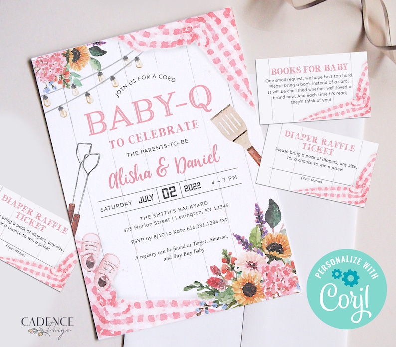 May include: A pink and white gingham baby shower invitation with a floral design and a rustic wood background. The invitation reads "Baby-Q" and includes the names "Alisha & Daniel" and the date "July 02, 2022".