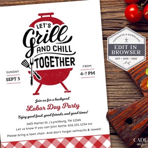 Digital Labor Day BBQ Invitation, Summer Party Invitation, Memorial Day Party Invitation, Cookout Invitation, Grill & Chill, DIY, Printable