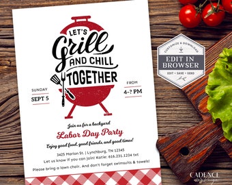 Digital Labor Day BBQ Invitation, Summer Party Invitation, Memorial Day Party Invitation, Cookout Invitation, Grill & Chill, DIY, Printable