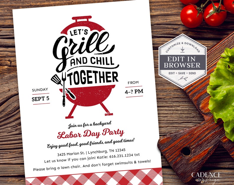 Digital Labor Day BBQ Invitation, Summer Party Invitation, Memorial Day Party Invitation, Cookout Invitation, Grill & Chill, DIY, Printable image 1