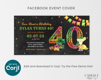 40th Fiesta Facebook Event Cover 40th Birthday Facebook Invitation Taco Bout Forty Fiesta Facebook 40th Mexican Theme Digital FB Cover Corjl