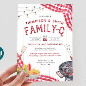 This playful summer family reunion invitation can feature two family names above the word "FAMILY-Q" or you can change it to REUNION. The design has classic BBQ elements like picnic food, grilling tools, and red checkered tablecloth draped in the corners. It will surely set the stage for a memorable day of family and fun! It says "FAMILY-Q" in bold letters to go with the playful vibe. The invitation can be printed or sent digitally by text.