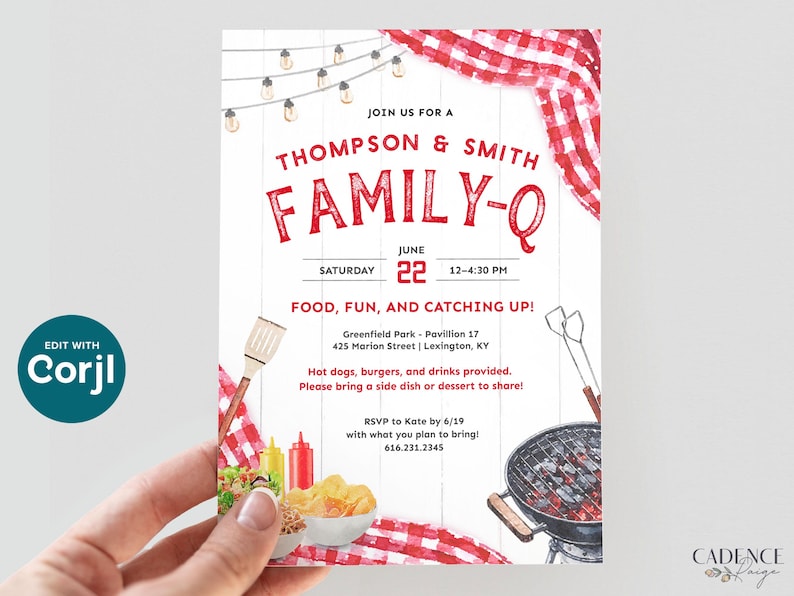 This playful summer family reunion invitation can feature two family names above the word "FAMILY-Q" or you can change it to REUNION. The design has classic BBQ elements like picnic food, grilling tools, and red checkered tablecloth draped in the corners. It will surely set the stage for a memorable day of family and fun! It says "FAMILY-Q" in bold letters to go with the playful vibe. The invitation can be printed or sent digitally by text.