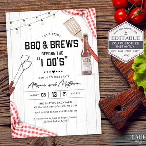 BBQ Couples Shower Invitation, BBQ and Brews Invitation, casual bbq rehearsal dinner, Backyard Couple's Shower Invite, Printable, Corjl, RQ2