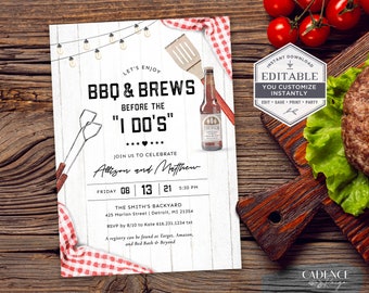 BBQ Couples Shower Invitation, BBQ and Brews Invitation, casual bbq rehearsal dinner, Backyard Couple's Shower Invite, Printable, Corjl, RQ2