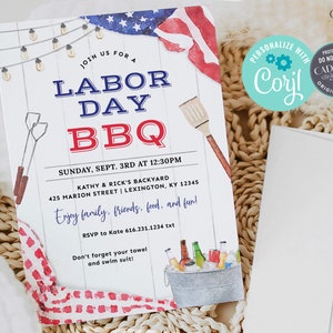 May include: A red, white and blue Labor Day BBQ invitation with a rustic wood background. The invitation features a string of lights, a grill and a cooler with drinks. The text reads "Join us for a Labor Day BBQ" and includes the date, time and location of the event. RSVP information is also included.