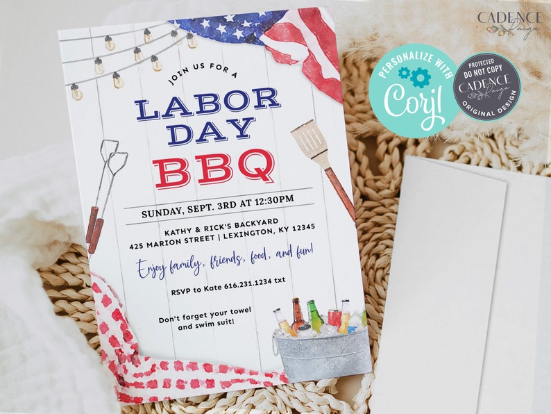May include: A red, white and blue Labor Day BBQ invitation with a rustic wood background. The invitation features a string of lights, a grill and a cooler with drinks. The text reads "Join us for a Labor Day BBQ" and includes the date, time and location of the event. RSVP information is also included.
