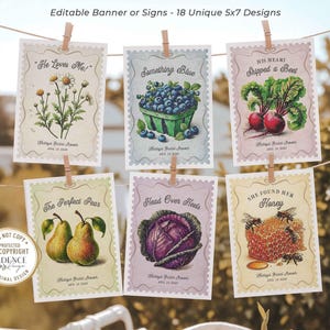 Fresh Off the Market Bridal Shower Banner featuring 18 unique 5x7 hanging signs, each adorned with vibrant fruit and vegetable illustrations and clever love-themed puns. Perfect for adding a fresh, rustic feel to your bridal shower, bachelorette party, or engagement celebration! Hang them all together as a statement piece or scatter them around the venue for a playful touch. Whether displayed indoors or outdoors, this bunting brings a pop of color and a dash of wit to your special day!