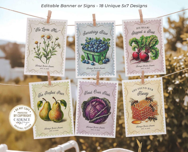Fresh Off the Market Bridal Shower Banner featuring 18 unique 5x7 hanging signs, each adorned with vibrant fruit and vegetable illustrations and clever love-themed puns. Perfect for adding a fresh, rustic feel to your bridal shower, bachelorette party, or engagement celebration! Hang them all together as a statement piece or scatter them around the venue for a playful touch. Whether displayed indoors or outdoors, this bunting brings a pop of color and a dash of wit to your special day!
