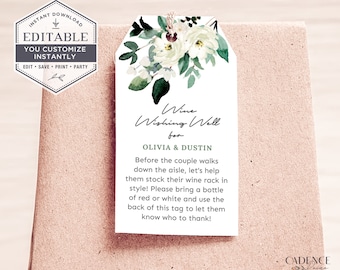 Wine Favor Tags, Wine Wishing Well Tags, Printable Wine Tags, Wine Bottle Gift Tags, with white florals, Wine Themed Tag, EDITABLE, M20, G8