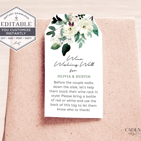 Wine Favor Tags, Wine Wishing Well Tags, Printable Wine Tags, Wine Bottle Gift Tags, with white florals, Wine Themed Tag, EDITABLE, M20, G8