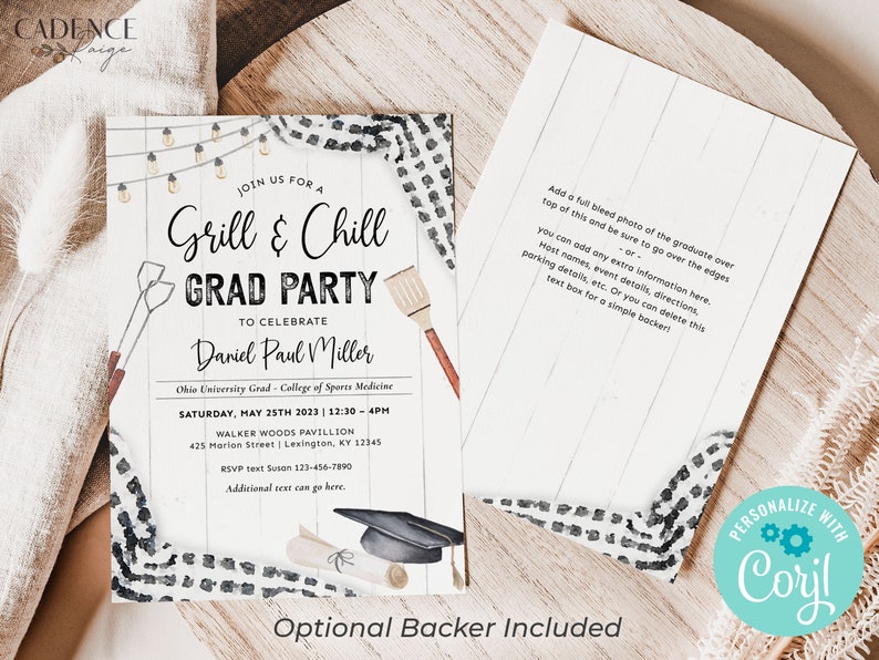 May include: A graduation party invitation with a white woodgrain background. The invitation features a black and white checkered pattern, a string of lights, and a grill and spatula. The text reads "Join us for a Grill & Chill Grad Party to Celebrate Daniel Paul Miller". The invitation also includes the date, time, and location of the party.