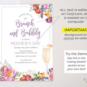 May include: A printable invitation for a Mother's Day brunch with a floral design and a glass of champagne. The text reads "Please join us for Brunch and Bubbly - to celebrate - Mother's Day".