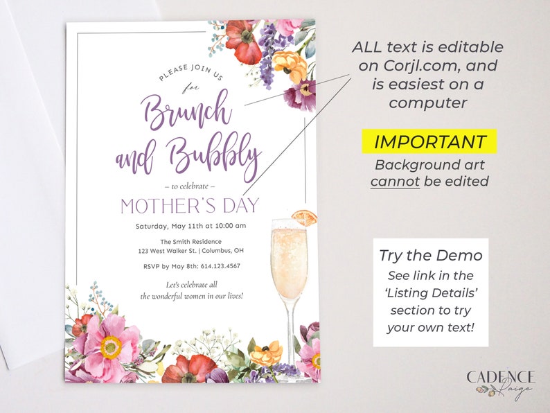 May include: A printable invitation for a Mother's Day brunch with a floral design and a glass of champagne. The text reads "Please join us for Brunch and Bubbly - to celebrate - Mother's Day".