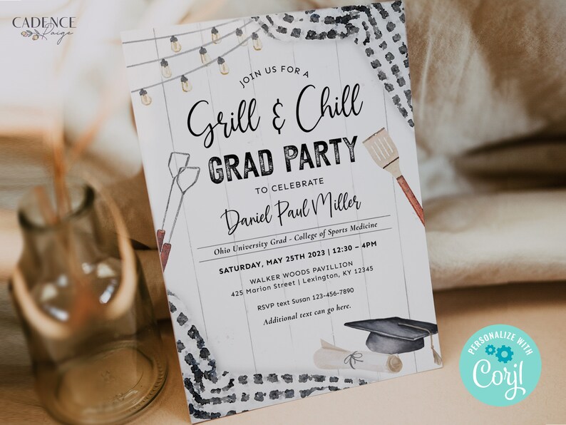 May include: A graduation party invitation with a rustic wood background and a black and white checkered pattern. The invitation features a grill and spatula, a graduation cap, and a diploma. The text reads "Grill & Chill Grad Party" to celebrate "Daniel Paul Miller". The invitation includes the date, time, and location of the party.