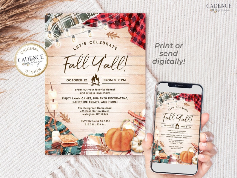 Fall party invitation featuring the words Let's Celebrate Fall Y'all on a rustic wood background and surrounded by draped flannel blankets, s'mores, campfire hot dogs, pumpkins and leaves.