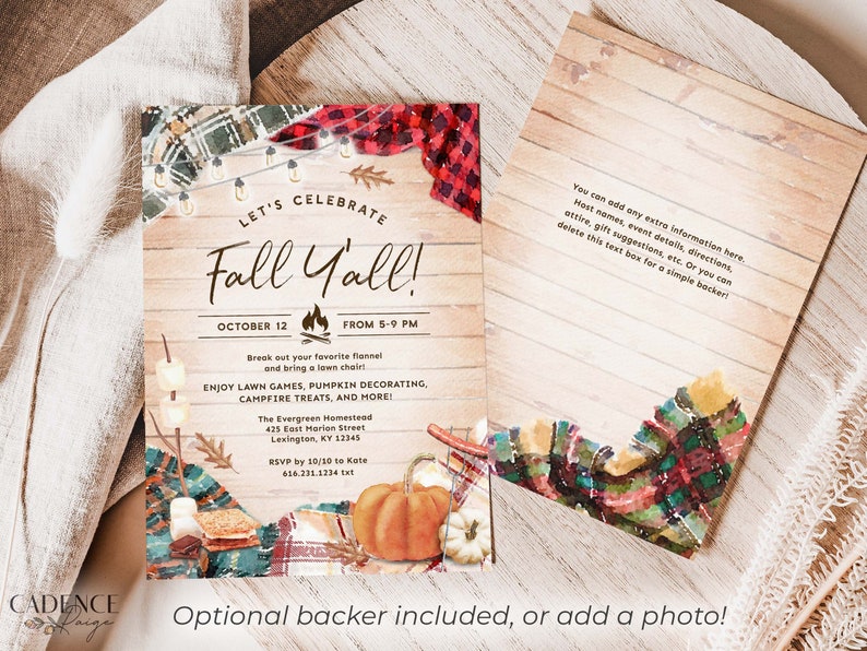 May include: Fall Y'all! Invitation with a rustic wood background, plaid blankets, a campfire, and a pumpkin. The text reads "Let's Celebrate Fall Y'all!" with the date and time of the event.  RSVP by 10/10 to Kate 616.231.1234 x