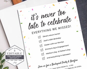 Let's Celebrate Everything Invitation, Everything We Missed Party Invite, Summer Party Invite, backyard party invite, Printable, Corjl, A22