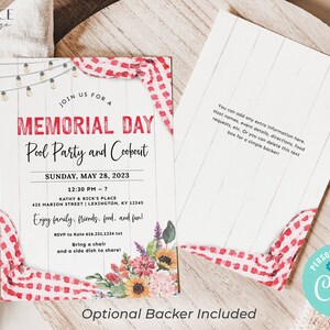 May include: A white invitation with red and white gingham pattern and floral accents. The invitation is for a Memorial Day pool party and cookout on Sunday, May 28, 2023, from 12:30 PM to 7 PM. The address is 425 Marion Street, Lexington, KY 12345. The invitation says "Enjoy family, friends, food, and fun!" and asks guests to RSVP to Kate at 616.231.1234 txt. Guests are asked to bring a chair and a side dish to share.
