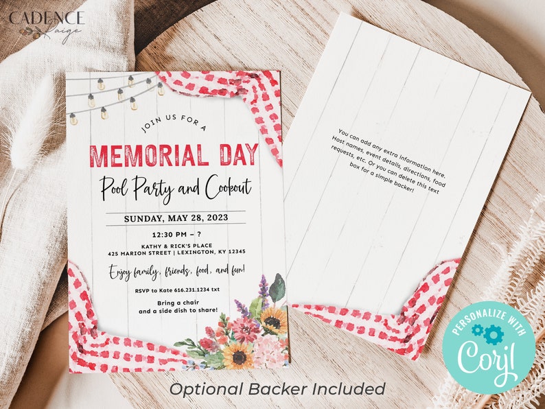 May include: A white invitation with red and white gingham pattern and floral accents. The invitation is for a Memorial Day pool party and cookout on Sunday, May 28, 2023, from 12:30 PM to 7 PM. The address is 425 Marion Street, Lexington, KY 12345. The invitation says "Enjoy family, friends, food, and fun!" and asks guests to RSVP to Kate at 616.231.1234 txt. Guests are asked to bring a chair and a side dish to share.