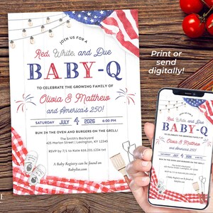 Red White & Due Baby-Q Invitation Template | Patriotic Baby Shower BBQ Invite | 4th of July America's 250 | Backyard BBQ Shower | Editable image 14