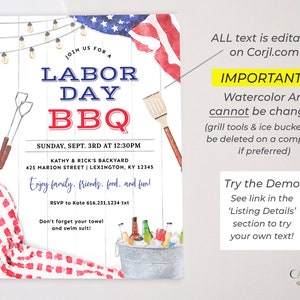 May include: A printable invitation for a Labour Day BBQ party. The invitation features a watercolour illustration of an American flag, a grill, and a picnic basket. The text on the invitation reads "Join us for a Labour Day BBQ", "Sunday, Sept. 3rd at 12:30pm", "Kathy & Rick's Backyard", "425 Marion Street | Lexington, KY 12345", "Enjoy family, friends, food, and fun!" and "RSVP to Kate 616.231.1234 txt".