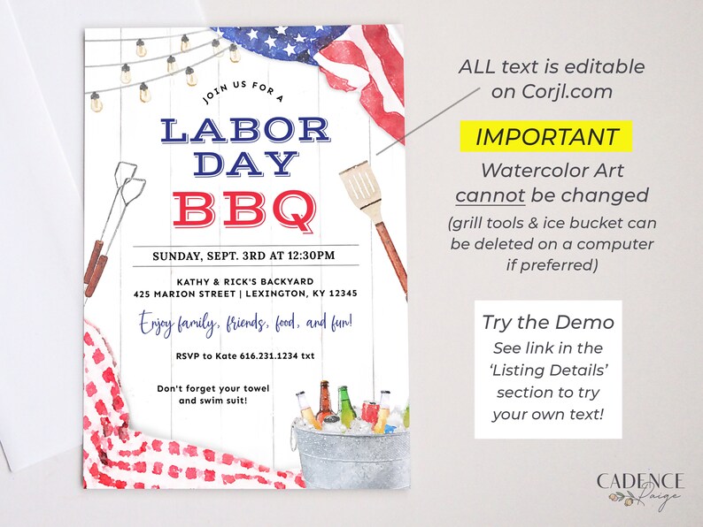 May include: A printable invitation for a Labour Day BBQ party. The invitation features a watercolour illustration of an American flag, a grill, and a picnic basket. The text on the invitation reads "Join us for a Labour Day BBQ", "Sunday, Sept. 3rd at 12:30pm", "Kathy & Rick's Backyard", "425 Marion Street | Lexington, KY 12345", "Enjoy family, friends, food, and fun!" and "RSVP to Kate 616.231.1234 txt".