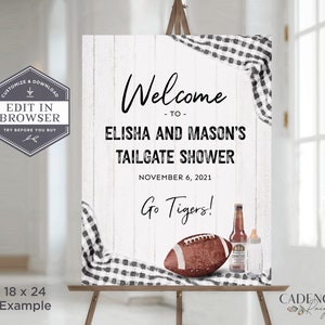 Football Shower Welcome Sign, Tailgate Welcome Sign, Black and White Couple&#39;s Shower Sign, Football Baby Shower Poster, Printable, Corjl
