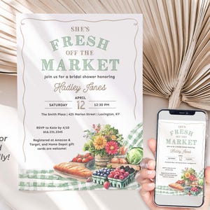This Fresh Off the Market Bridal Shower invitation is perfect for a farmers market themed celebration. The design features watercolor illustrations of fresh cut flowers, fresh vegetables, mixed berries, crusty bread, and timeless green gingham setting the stage for a charming market style celebration.