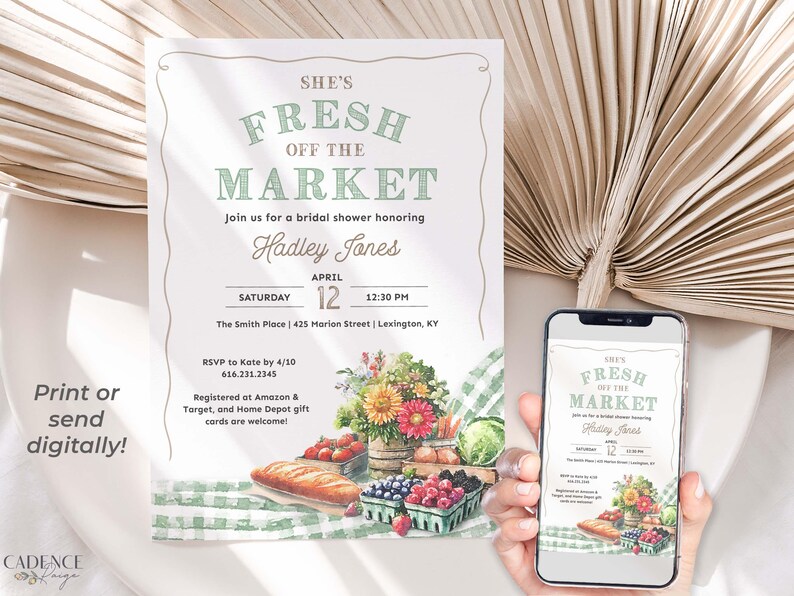 This Fresh Off the Market Bridal Shower invitation is perfect for a farmers market themed celebration. The design features watercolor illustrations of fresh cut flowers, fresh vegetables, mixed berries, crusty bread, and timeless green gingham setting the stage for a charming market style celebration.
