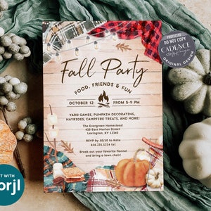 Fall Harvest Party invitation that features a rustic wood background with different colors of cozy flannels draped in each corner, along with twinkling string lights, pumpkins, and s'mores. The invite says "Fall Party" in bold script in the center.