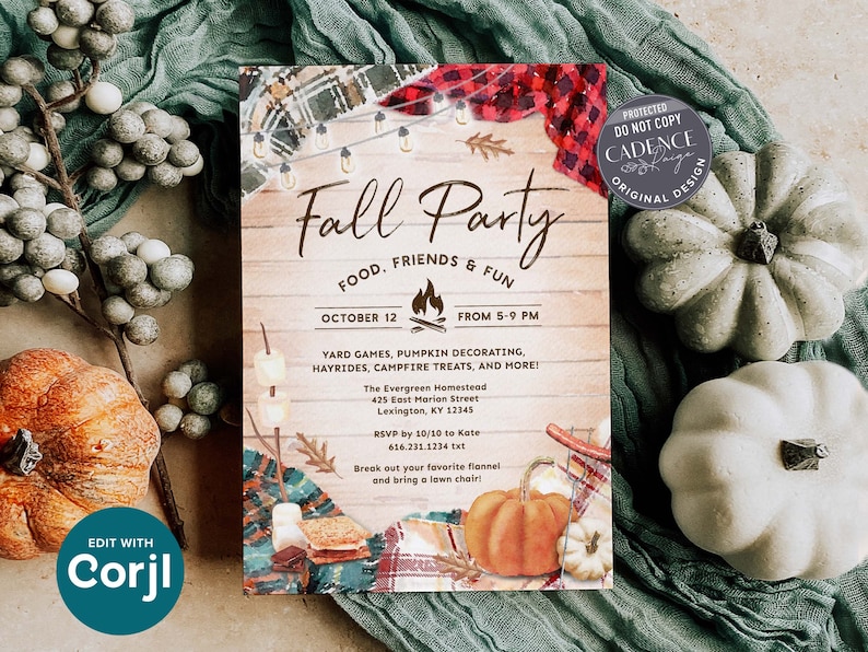 Fall Harvest Party invitation that features a rustic wood background with different colors of cozy flannels draped in each corner, along with twinkling string lights, pumpkins, and s'mores. The invite says "Fall Party" in bold script in the center.