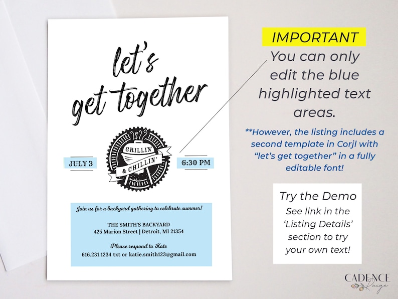 May include: A blue and white printable invitation for a backyard gathering. The invitation says "let's get together" with a grill and chillin' graphic. The text includes the date, time, location, and contact information.