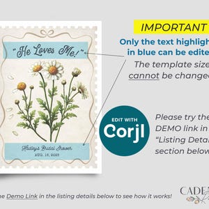 May include: A printable bridal shower invitation featuring a vintage-style illustration of daisies with the text "He Loves Me!" and "Hadley's Bridal Shower Aug. 16, 2025". The text is editable using the Corjl platform.