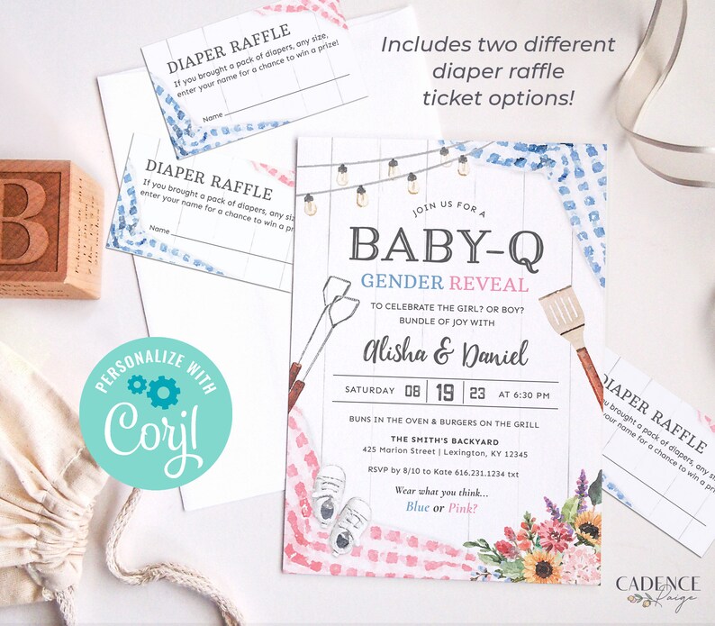 Gender Reveal BBQ Invitation, Baby-Q Gender Reveal Invitation, Fun Gender Reveal Invite, Blue or Pink, boy or girl, BabyQ Printable DIY BQGR image 3