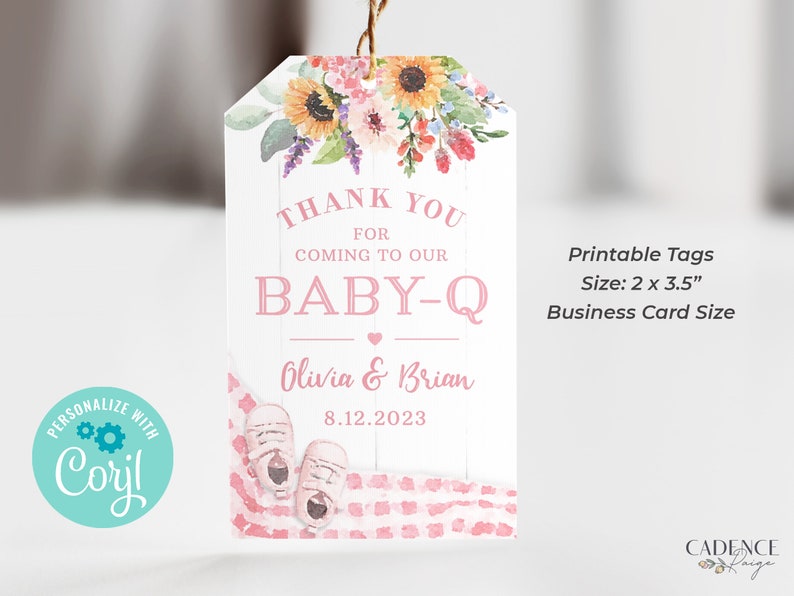 May include: Printable thank you tags with a floral design, featuring sunflowers and pink flowers. The text reads "Thank You for coming to our Baby-Q Olivia & Brian 8.12.2023". The tags are 2 x 3.5 inches and are business card size.