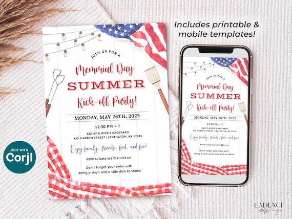 Memorial Day Party Invitation, Memorial Day Picnic Invite, Summer Pool Party Invite, Memorial Day BBQ Invite, Summer Kickoff, DIY, Printable