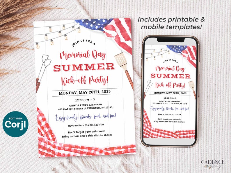 A Memorial Day Party invitation that can be printed or texted to guests. The design has a red, white, and blue American flag in the background along with red checkered picnic gingham. The text on the invitation reads: 'Join us for a Memorial Day Summer Kick-off Party! with Date, Time, and Location. Enjoy family, friends, food, and fun! RSVP info. Don't forget your swim suit! Bring a chair and a side dish to share!' The invitation can be personalized in Corjl.