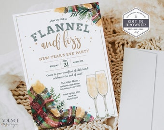 Flannel and Fizz New Year's Eve Party Invite, NYE Party Invite, New Year's Eve Bonfire, Outdoor Bonfire Invite, Printable, Corjl, P9