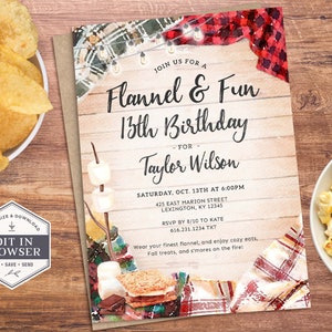 May include: A printable invitation for a 13th birthday party with a flannel and fun theme. The invitation features a watercolor illustration of a campfire with s'mores, a plaid blanket, and string lights. The text on the invitation reads "Join us for a Flannel & Fun 13th Birthday - for Taylor Wilson - Saturday, Oct. 13th at 6:00PM 425 East Marion Street Lexington, KY 12345 RSVP by 8/10 to Kate 616.231.1234 TXT Wear your finest flannel, and enjoy cozy eats, Fall treats, and s'mores on the fire!"