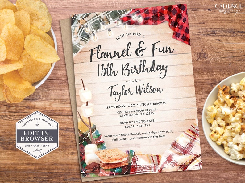 May include: A printable invitation for a 13th birthday party with a flannel and fun theme. The invitation features a watercolor illustration of a campfire with s'mores, a plaid blanket, and string lights. The text on the invitation reads "Join us for a Flannel & Fun 13th Birthday - for Taylor Wilson - Saturday, Oct. 13th at 6:00PM 425 East Marion Street Lexington, KY 12345 RSVP by 8/10 to Kate 616.231.1234 TXT Wear your finest flannel, and enjoy cozy eats, Fall treats, and s'mores on the fire!"
