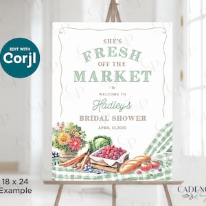 May include: A watercolor-style bridal shower sign with a green and white gingham background. The sign says "She's Fresh Off The Market" and "Welcome to Hadley's Bridal Shower April 12, 2025". The sign is decorated with a bouquet of flowers, vegetables, and fruit.