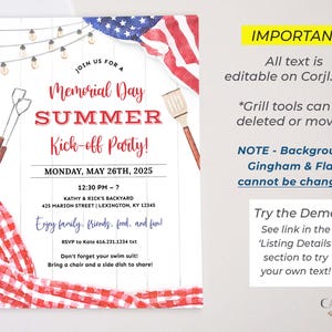 A Memorial Day Party invitation that can be printed or texted to guests. The design has a red, white, and blue American flag in the background along with red checkered picnic gingham. The text on the invitation reads: 'Join us for a Memorial Day Summer Kick-off Party! with Date, Time, and Location. Enjoy family, friends, food, and fun! RSVP info. Don't forget your swim suit! Bring a chair and a side dish to share!' The invitation can be personalized in Corjl.