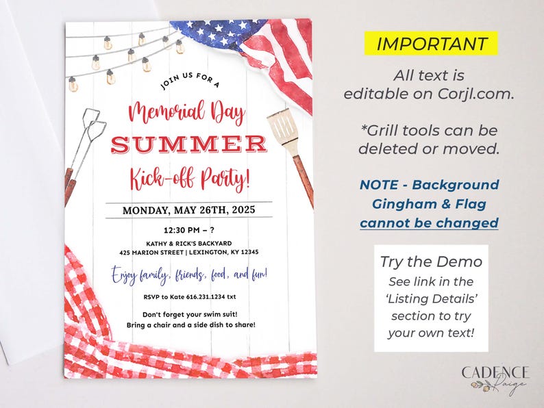 A Memorial Day Party invitation that can be printed or texted to guests. The design has a red, white, and blue American flag in the background along with red checkered picnic gingham. The text on the invitation reads: 'Join us for a Memorial Day Summer Kick-off Party! with Date, Time, and Location. Enjoy family, friends, food, and fun! RSVP info. Don't forget your swim suit! Bring a chair and a side dish to share!' The invitation can be personalized in Corjl.