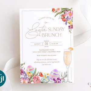 K&ouml;nnte beinhalten: Eine wei&szlig;e Einladungskarte mit goldenen Lettern f&uuml;r einen Oster-Sonntagsbrunch. Die Karte zeigt eine Aquarell-Illustration von Blumen, Eiern und einem Mimosa. Der Text lautet: "Bitte schlie&szlig;en Sie sich uns f&uuml;r einen Oster-Sonntagsbrunch an, Sonntag, 31. M&auml;rz, 10:30 Uhr, The Walkers Place, 123 N. High Street, Columbus, Ohio, RSVP an Kate: 614.123.4567, Kommen Sie vorbei f&uuml;r leckere Leckereien, erfrischende Mimosas und eine Ostereiersuche f&uuml;r die Kleinen."