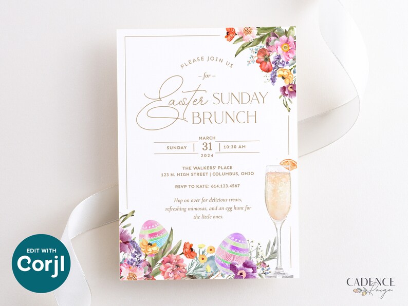 K&ouml;nnte beinhalten: Eine wei&szlig;e Einladungskarte mit goldenen Lettern f&uuml;r einen Oster-Sonntagsbrunch. Die Karte zeigt eine Aquarell-Illustration von Blumen, Eiern und einem Mimosa. Der Text lautet: "Bitte schlie&szlig;en Sie sich uns f&uuml;r einen Oster-Sonntagsbrunch an, Sonntag, 31. M&auml;rz, 10:30 Uhr, The Walkers Place, 123 N. High Street, Columbus, Ohio, RSVP an Kate: 614.123.4567, Kommen Sie vorbei f&uuml;r leckere Leckereien, erfrischende Mimosas und eine Ostereiersuche f&uuml;r die Kleinen."