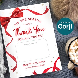 These printable Christmas Gift Cards holders feature the words Tis The Season To Say Thank You with a festive red ribbon border. Add gift cards and give to teachers, postman, employees, staff, volunteers - anyone you want to wish happy holidays!